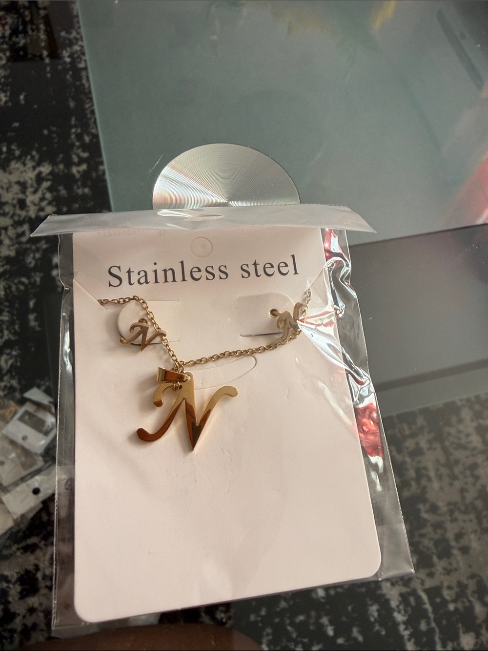 Gold-Tone Stainless Steel Initial 'N' Necklace and Earrings Set